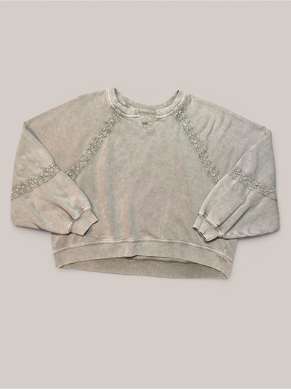 Aerie sage green crewneck with crochet lace trim